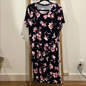 Black Floral Midi Dress with Drawstring Waist